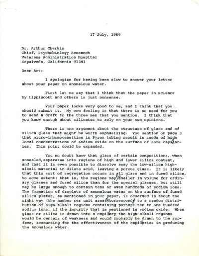 Letter from Linus Pauling to Arthur Cherkin. Page 1. July 17, 1969