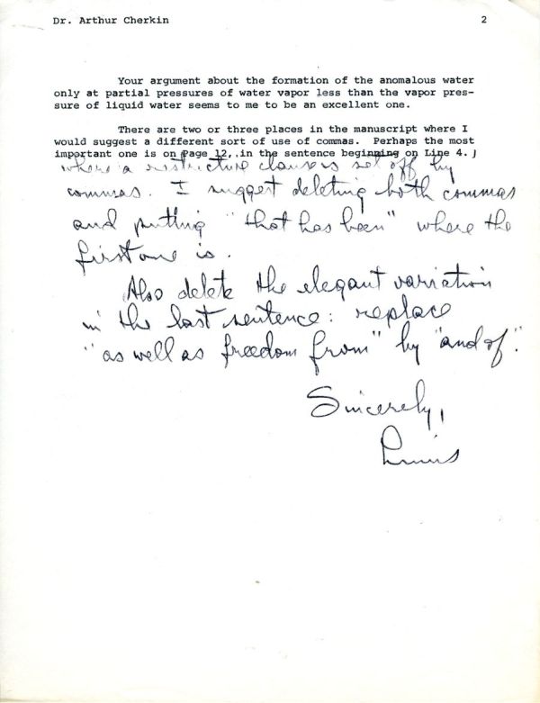Letter from Linus Pauling to Arthur Cherkin. Page 2. July 17, 1969
