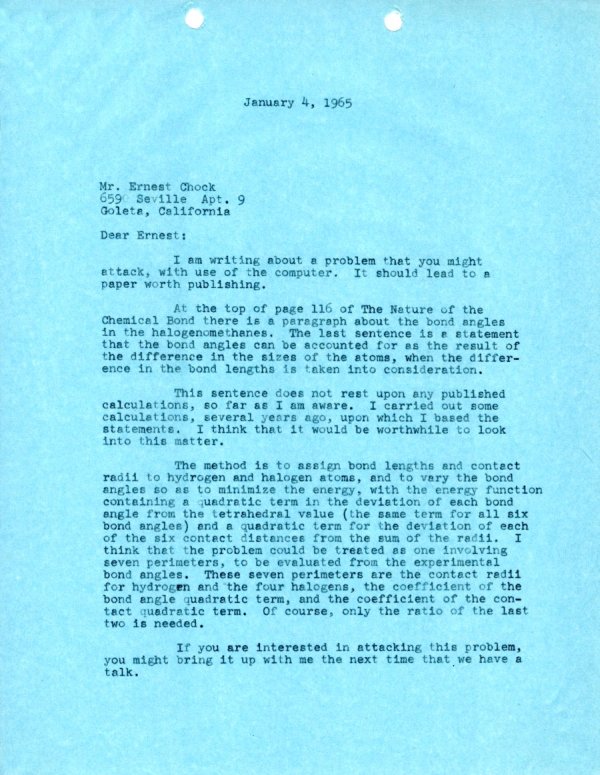 Letter from Linus Pauling to Ernest Chock. Page 1. January 4, 1965