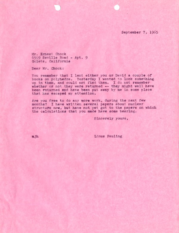 Letter from Linus Pauling to Ernest Chock. Page 1. September 7, 1965
