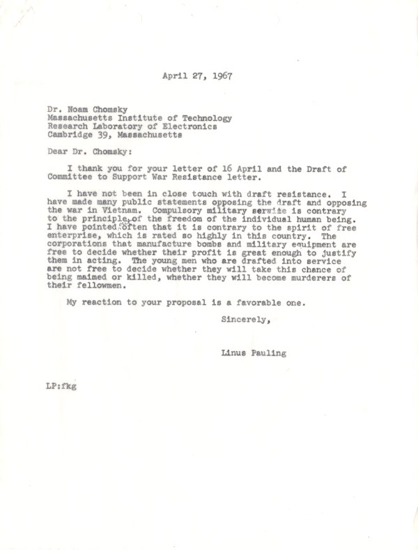 Letter from Linus Pauling to Noam Chomsky. Page 1. April 27, 1967