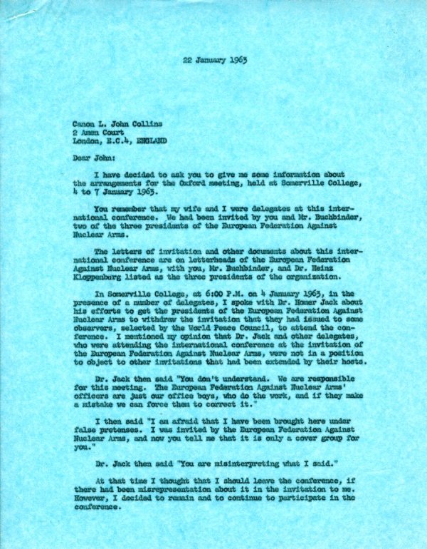 Letter from Linus Pauling to L. John Collins. Page 1. January 22, 1963