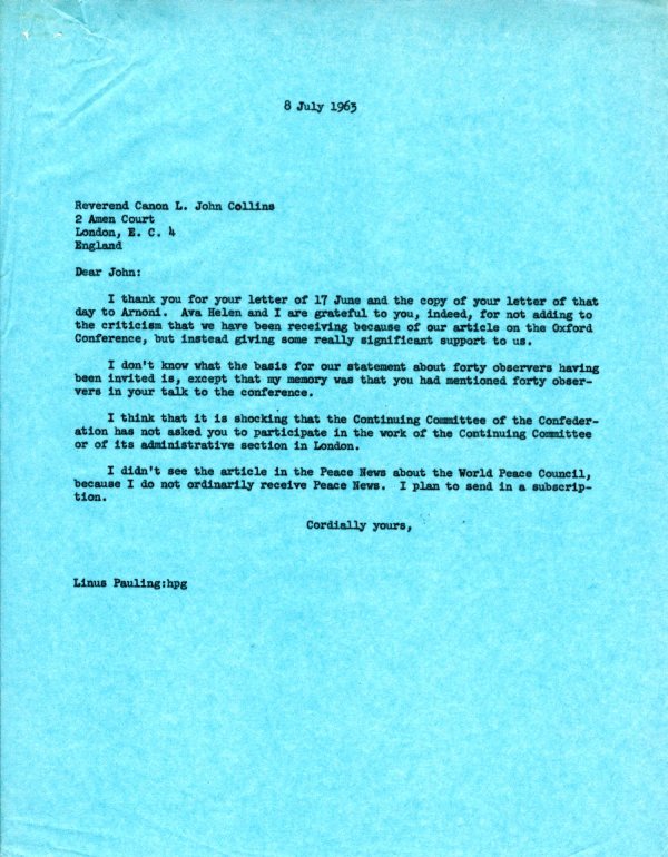 Letter from Linus Pauling to L. John Collins. Page 1. July 8, 1963