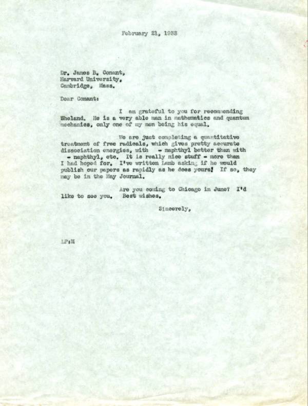 Letter from Linus Pauling to James B. Conant. Page 1. February 21, 1933