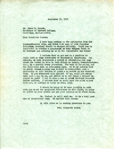 Letter from Linus Pauling to James B. Conant. Page 1. September 25, 1934