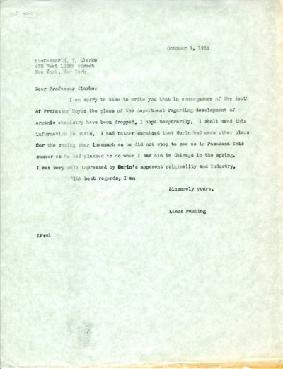 Letter from Linus Pauling to H.T. Clarke. Page 1. October 7, 1936