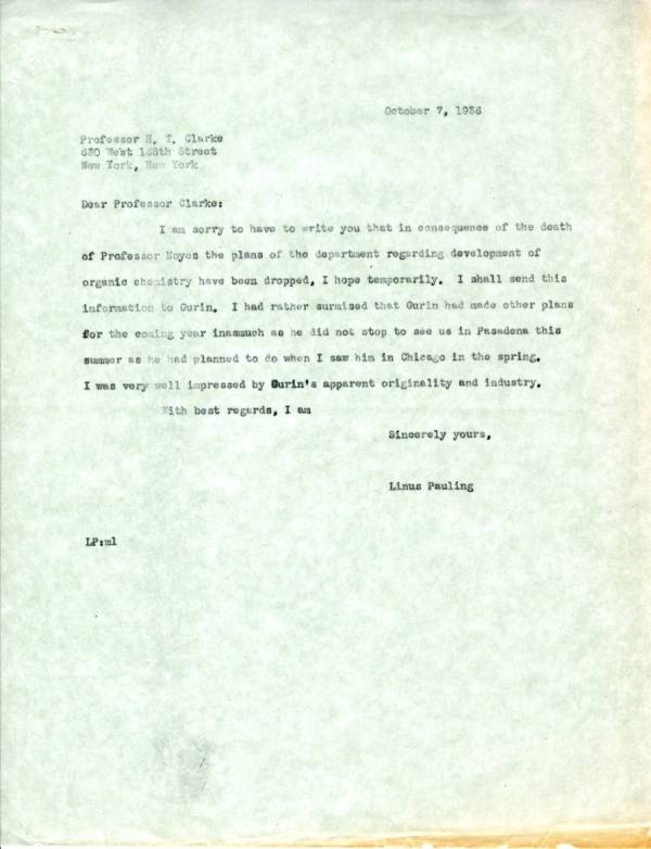 Letter from Linus Pauling to H.T. Clarke. Page 1. October 7, 1936