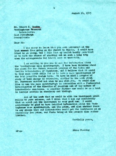 Letter from Linus Pauling to Edward Condon. Page 1. August 14, 1945