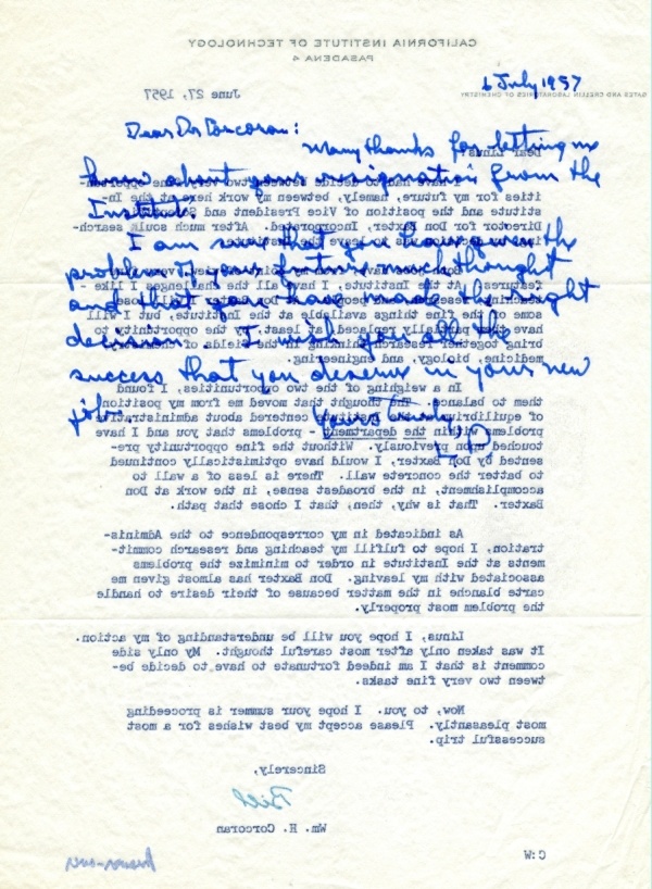 Letter from Linus Pauling to William H. Corcoran. Page 1. July 6, 1957
