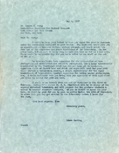 Letter from Linus Pauling to Robert Corey. Page 1. May 4, 1937