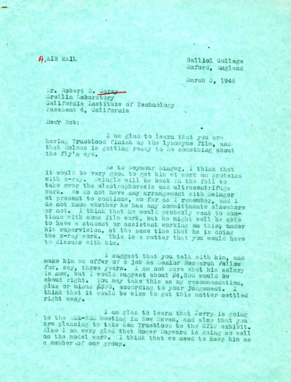 Letter from Linus Pauling to Robert Corey. Page 1. March 3, 1948