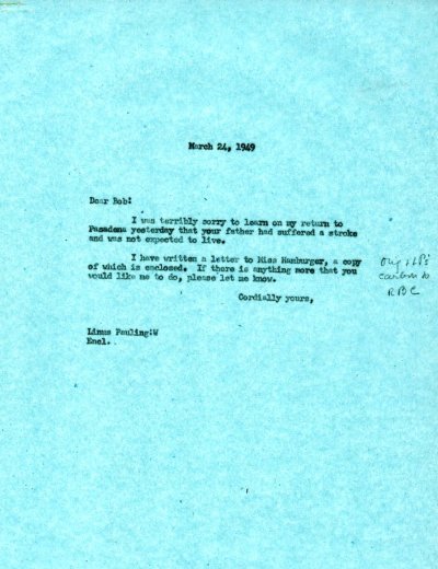 Letter from Linus Pauling to Robert Corey. Page 1. March 24, 1949