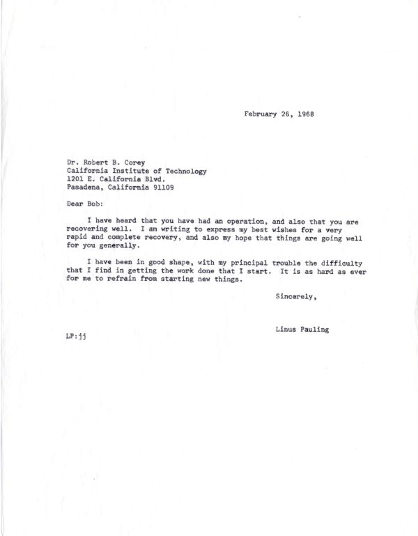 Letter from Linus Pauling to Robert Corey. Page 1. February 26, 1968