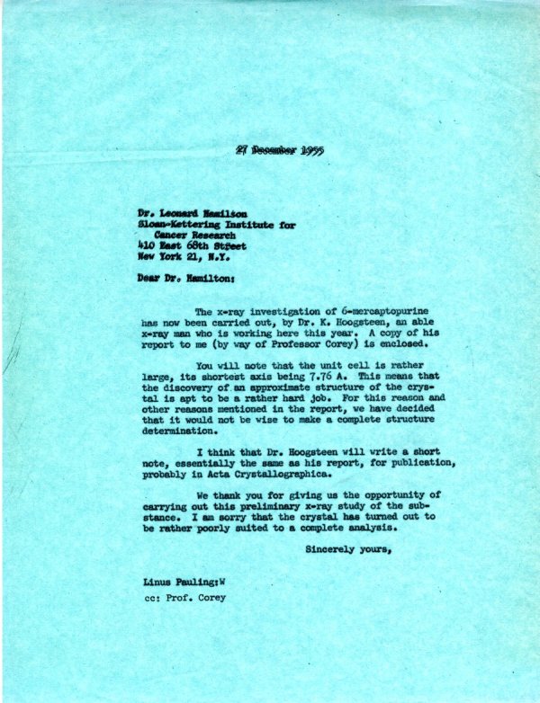 Letter from Linus Pauling to Leonard Hamilton. Page 1. December 27, 1955