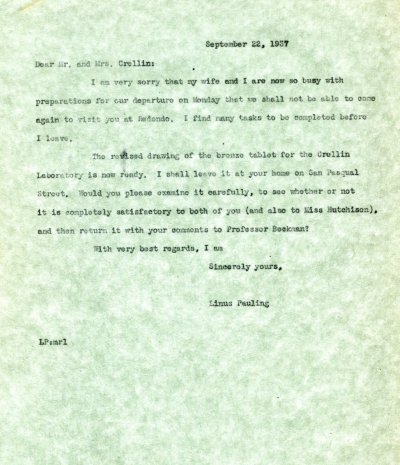 Letter from Linus Pauling to Edward Crellin. Page 1. September 22, 1937