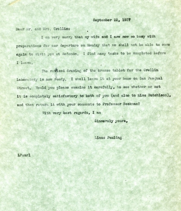 Letter from Linus Pauling to Edward Crellin. Page 1. September 22, 1937
