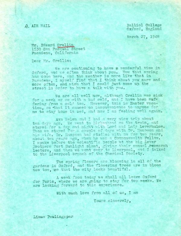 Letter from Linus Pauling to Edward Crellin. Page 1. March 27, 1948