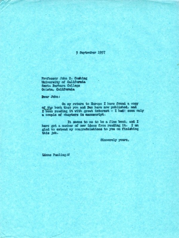Letter from Linus Pauling to John E. Cushing. Page 1. September 5, 1957