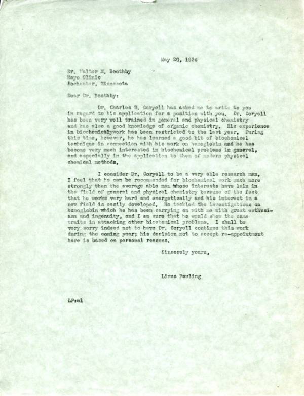 Letter from Linus Pauling to Walter M. Boothby. Page 1. May 20, 1936