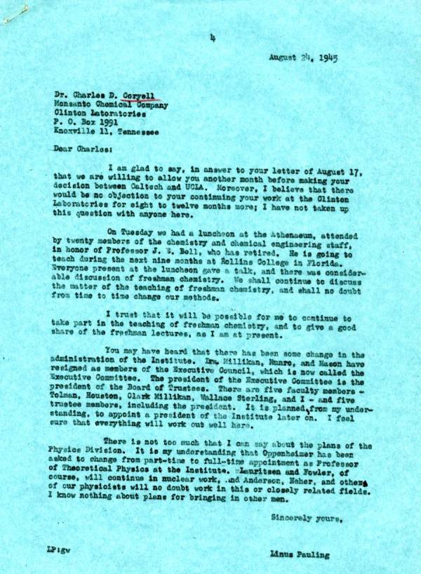 Letter from Linus Pauling to Charles Coryell. Page 1. August 24, 1945