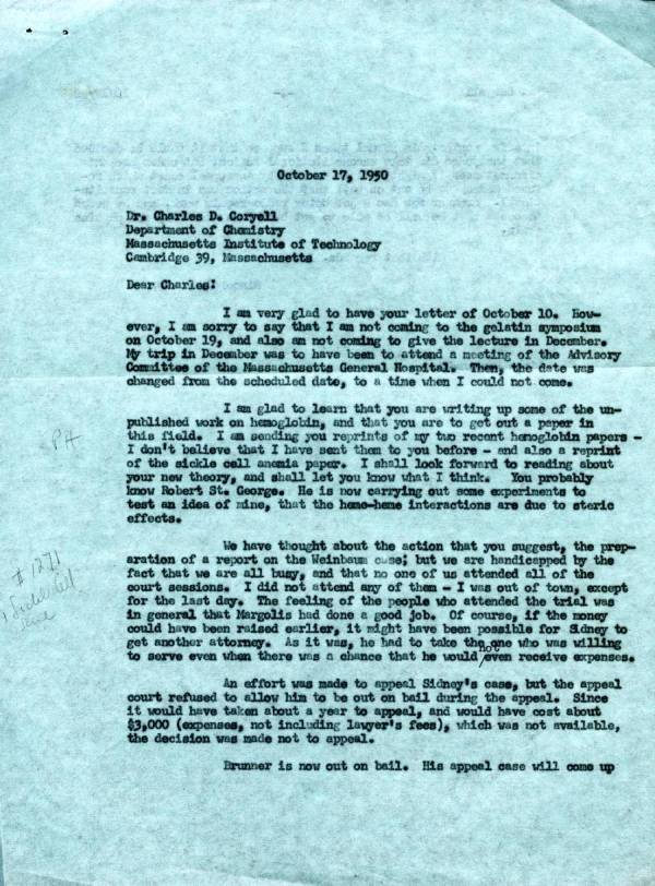 Letter from Linus Pauling to Charles Coryell. Page 1. October 17, 1950