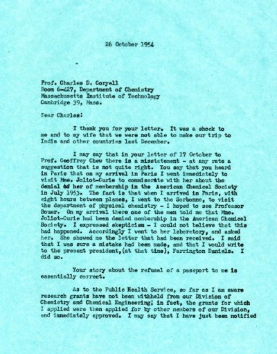 Letter from Linus Pauling to Charles Coryell. Page 1. October 26, 1954