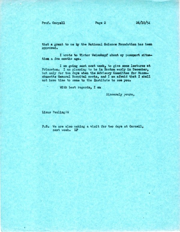 Letter from Linus Pauling to Charles Coryell. Page 2. October 26, 1954