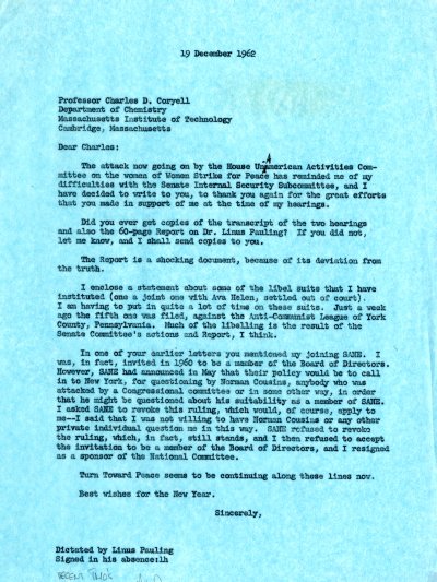 Letter from Linus Pauling to Charles Coryell. Page 1. December 19, 1962