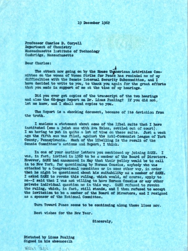Letter from Linus Pauling to Charles Coryell. Page 1. December 19, 1962