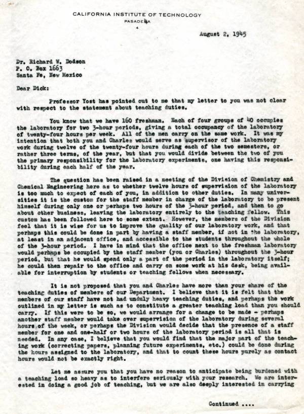 Letter from Linus Pauling to Richard Dodson. Page 1. August 2, 1945