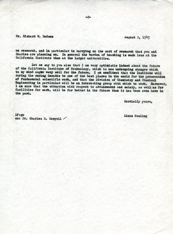 Letter from Linus Pauling to Richard Dodson. Page 2. August 2, 1945