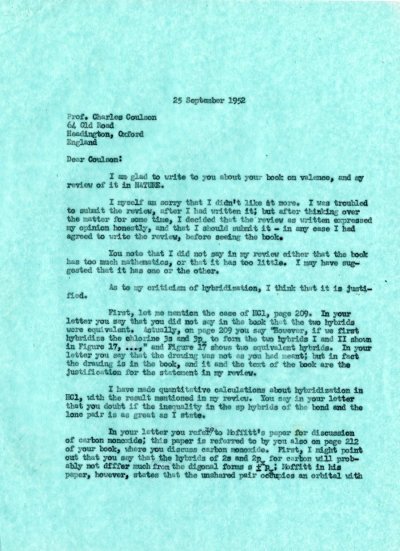 Letter from Linus Pauling to Charles Coulson. Page 1. September 25, 1952