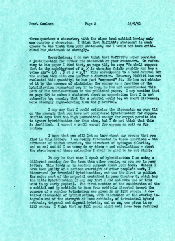 Letter from Linus Pauling to Charles Coulson. Page 2. September 25, 1952