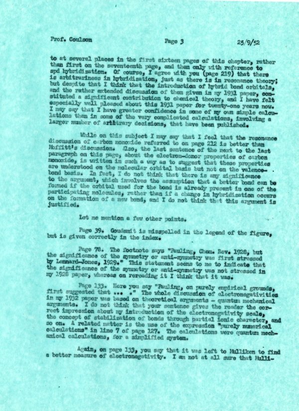 Letter from Linus Pauling to Charles Coulson. Page 3. September 25, 1952