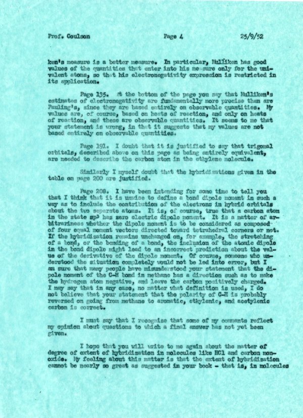 Letter from Linus Pauling to Charles Coulson. Page 4. September 25, 1952