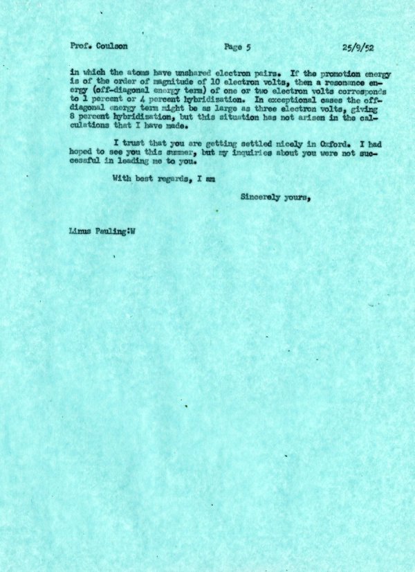 Letter from Linus Pauling to Charles Coulson. Page 5. September 25, 1952