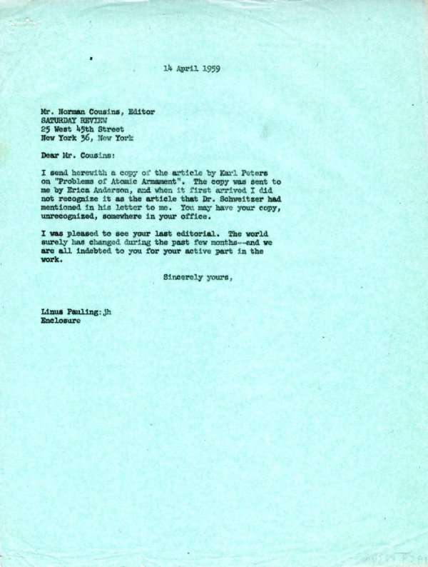 Letter from Linus Pauling to Norman Cousins. Page 1. April 14, 1959