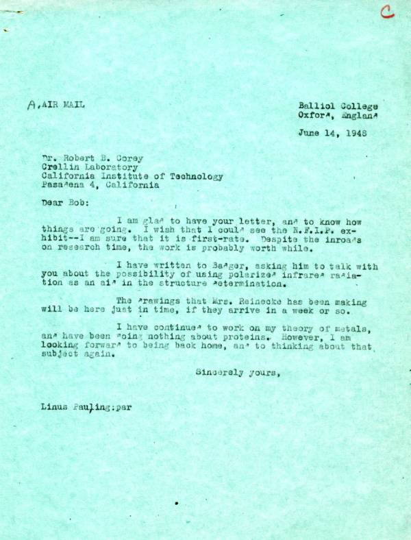 Letter from Linus Pauling to Robert Corey. Page 1. June 14, 1948