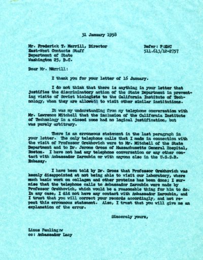 Letter from Linus Pauling to Frederick T. Merrill Page 1. January 31, 1958