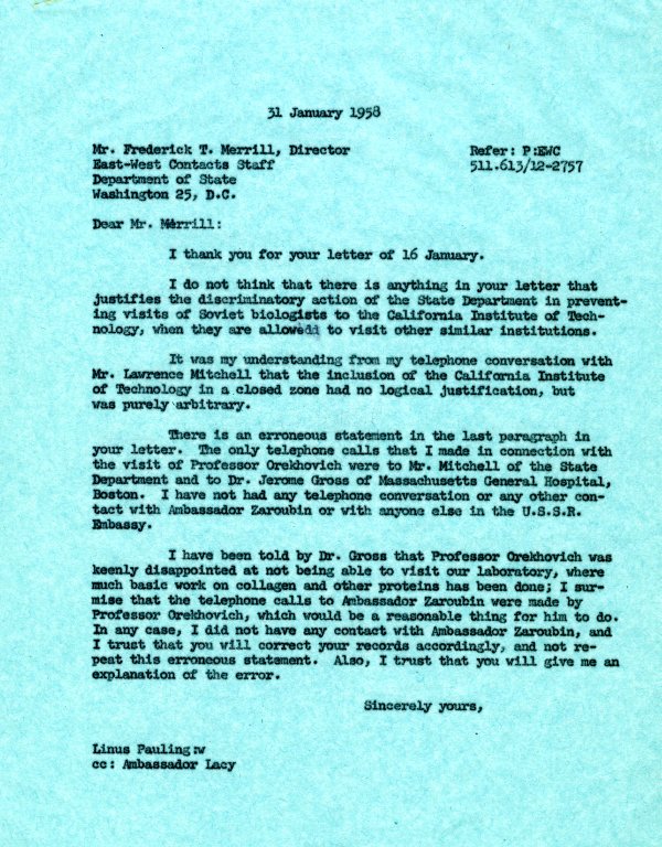 Letter from Linus Pauling to Frederick T. Merrill Page 1. January 31, 1958