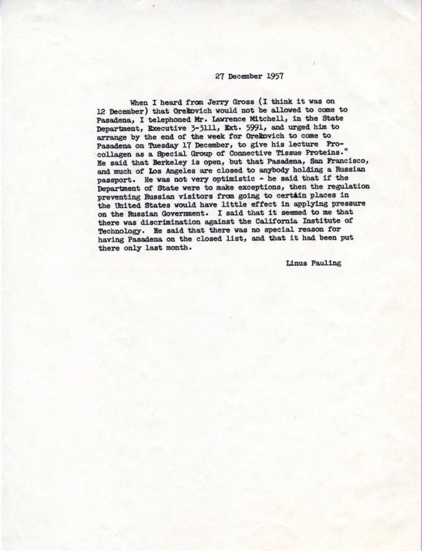 Linus Pauling Note to Self regarding discrimination against Professor Orekhovich. Page 1. December 27, 1957