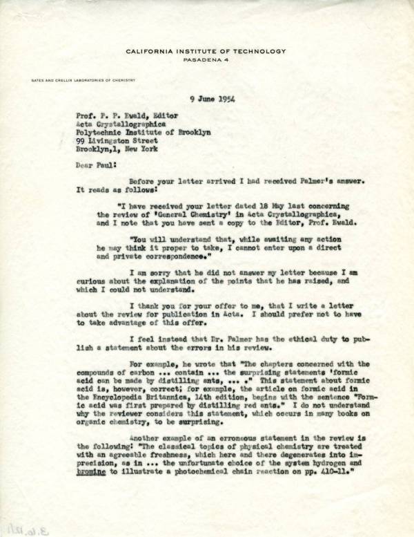 Letter from Linus Pauling to Paul Ewald. Page 1. June 9, 1954
