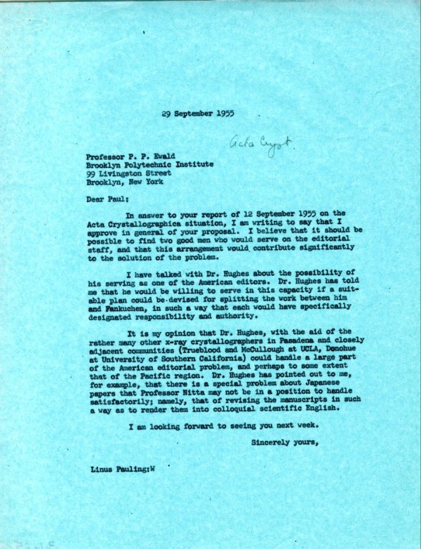 Letter from Linus Pauling to Paul Ewald Page 1. September 29, 1955