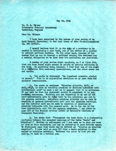 Letter from Linus Pauling to W.G. Palmer. Page 1. May 18, 1954