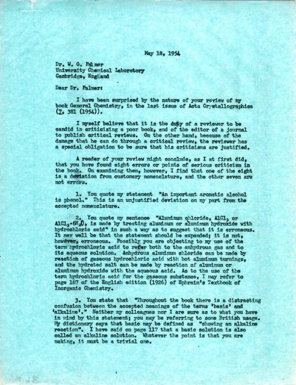 Letter from Linus Pauling to W.G. Palmer. Page 1. May 18, 1954