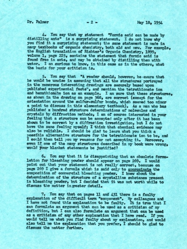 Letter from Linus Pauling to W.G. Palmer. Page 2. May 18, 1954