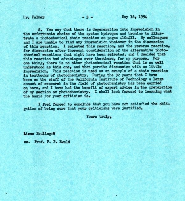 Letter from Linus Pauling to W.G. Palmer. Page 3. May 18, 1954