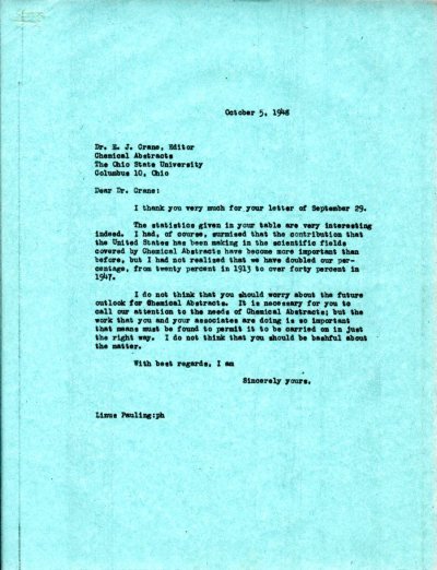 Letter from Linus Pauling to E.J. Crane. Page 1. October 5, 1948