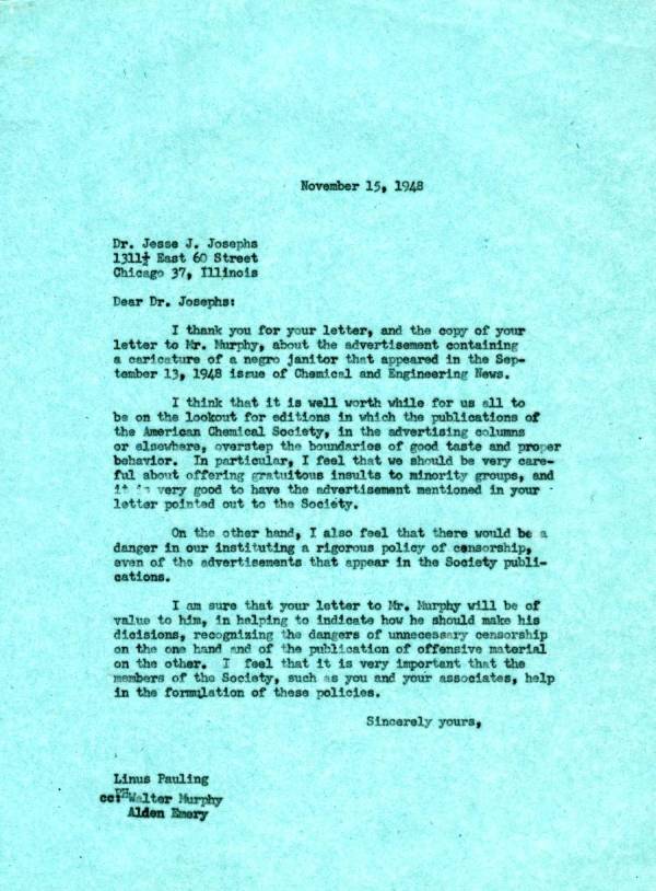 Letter from Linus Pauling to Jesse Josephs. Page 1. November 15, 1948