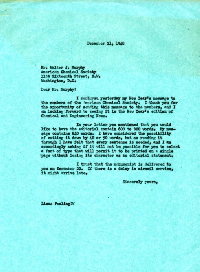 Letter from Linus Pauling to Walter J. Murphy. Page 1. December 21, 1948
